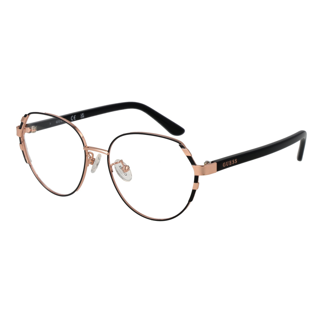 Rose gold thin metal round eyeglasses with black plastic temple tips on white background, minimalist modern design
