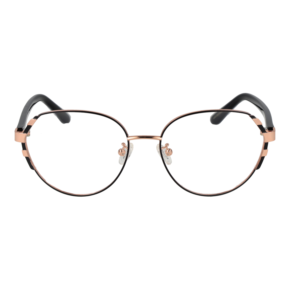 Rose gold thin metal round eyeglasses with black plastic temple tips on white background, minimalist modern design
