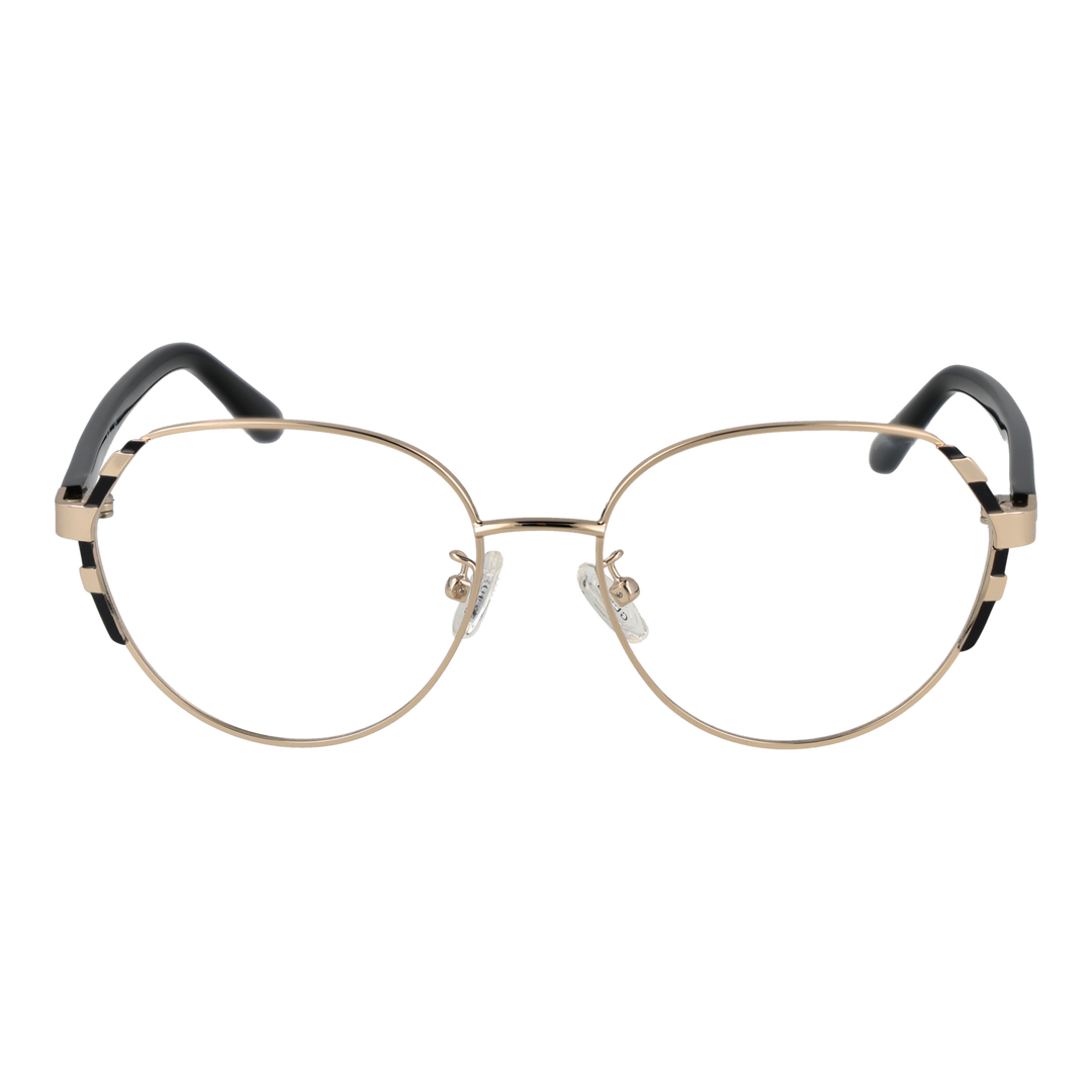 Gold thin metal round eyeglasses with black plastic temple tips on neutral background, front view
