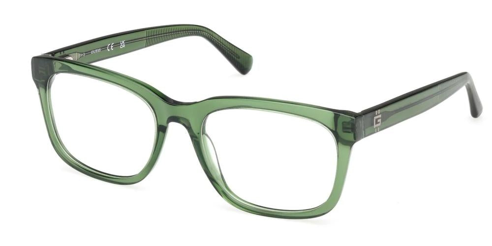 Transparent green full-rim rectangular eyeglasses in plastic with textured temple tips, modern unisex design