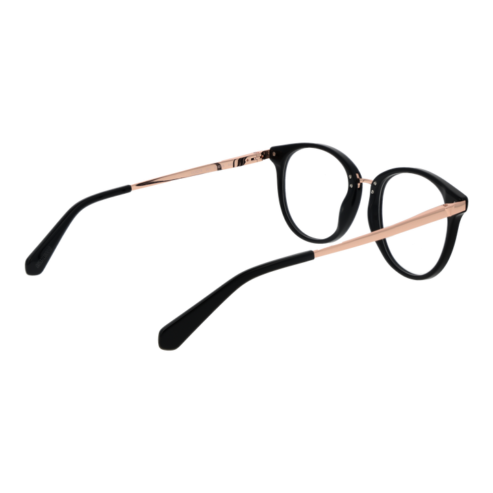 Unisex black and rose-gold round eyeglasses with thin metal temples and plastic temple tips on white background