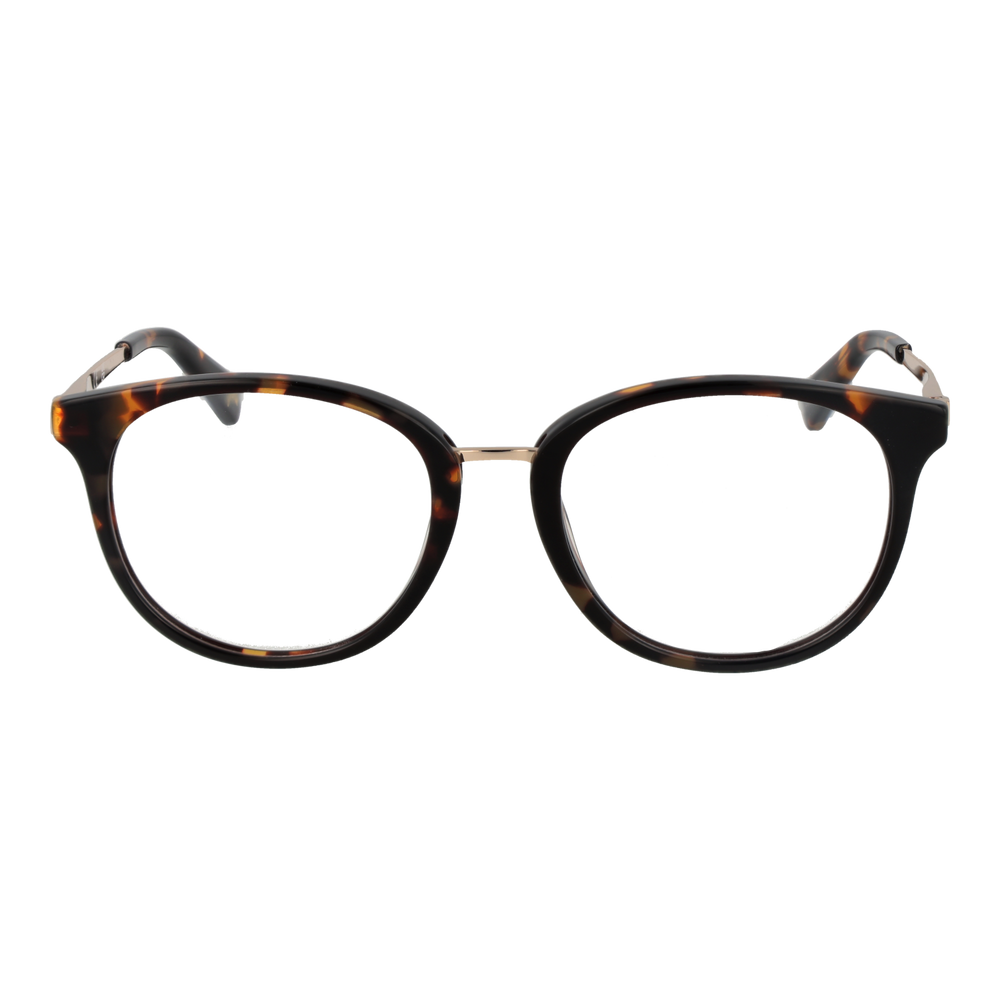 Unisex tortoise shell round eyeglasses with gold metal temples and plastic frame front on white background