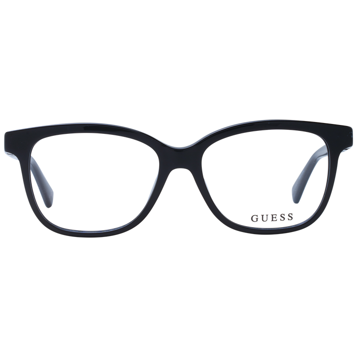 Unisex black plastic rectangular eyeglasses with full-rim frame and logo on temple, front three-quarter view