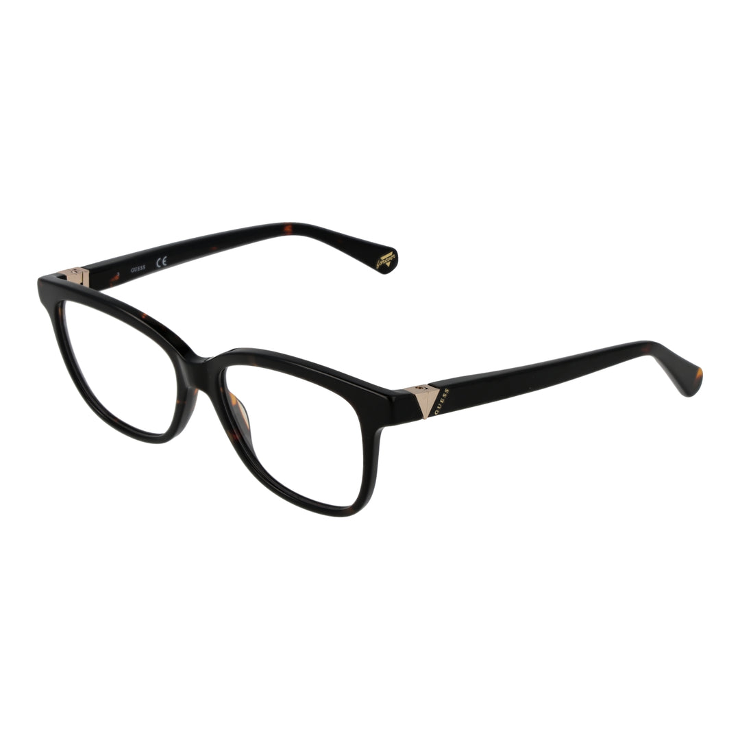 Black rectangular eyeglasses for Women with tortoiseshell accents and gold triangular metal temples, modern designer look