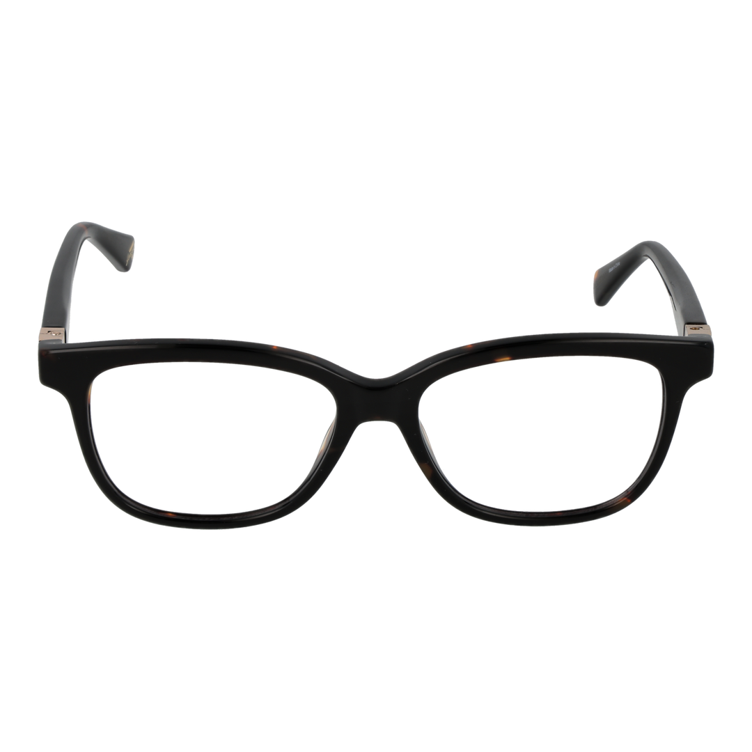 Black rectangular eyeglasses for Women with tortoiseshell accents and gold triangular metal temples, modern designer look