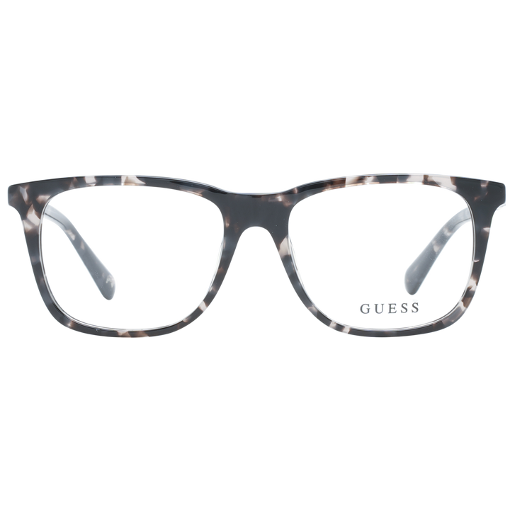 Unisex tortoiseshell full-rim rectangular eyeglasses in black, grey and white pattern with visible logo on temple