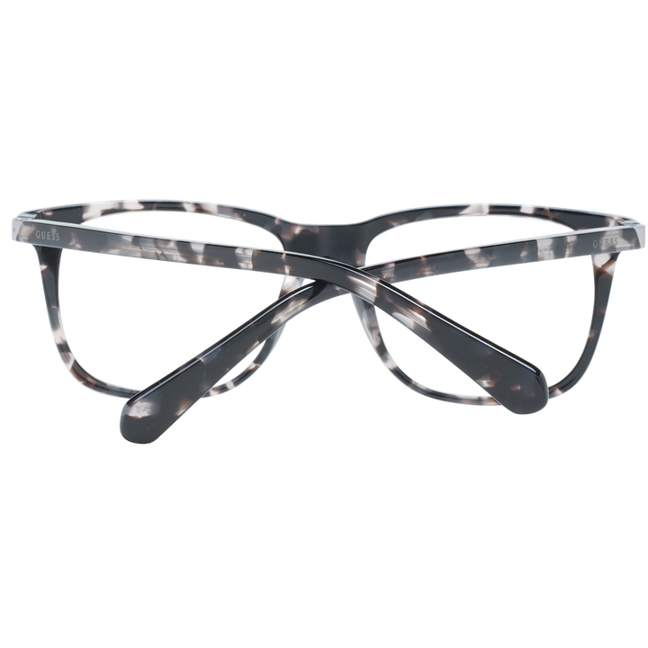 Unisex tortoiseshell full-rim rectangular eyeglasses in black, grey and white pattern with visible logo on temple