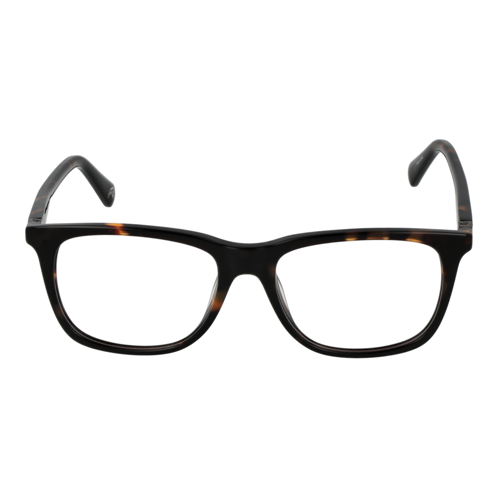 Unisex tortoise shell and black full-rim rectangular eyeglasses with metal hinge accents on neutral background