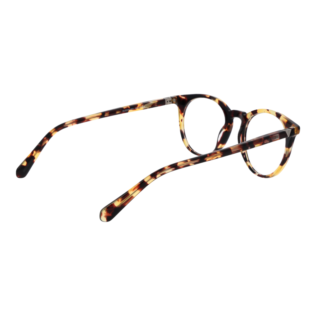 Tortoise shell patterned full-rim round eyeglasses for Women with patterned arms on white background