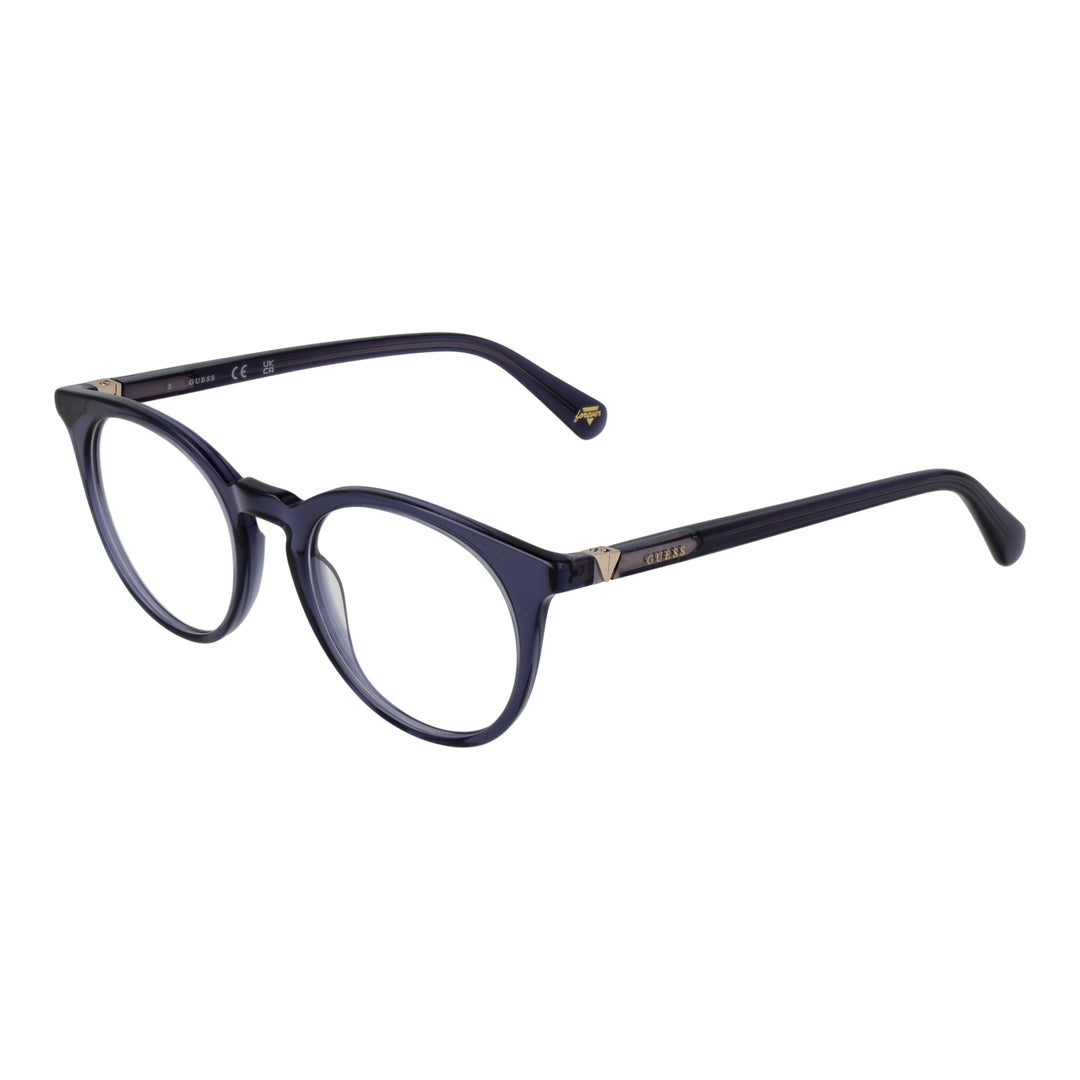 Transparent dark-blue round eyeglasses with metallic temple accents, plastic frame, modern Women’s optical style