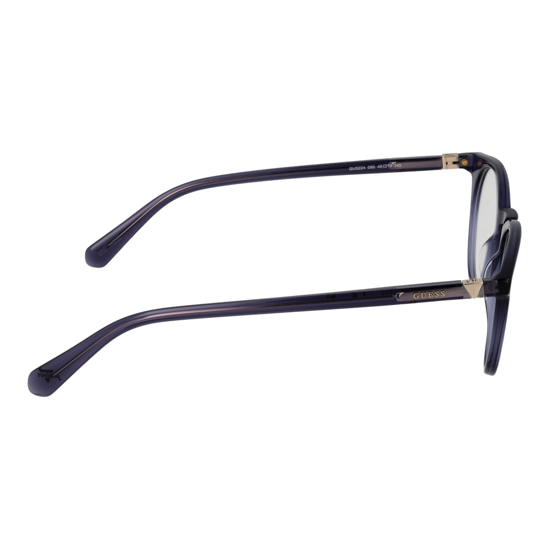 Transparent dark-blue round eyeglasses with metallic temple accents, plastic frame, modern Women’s optical style