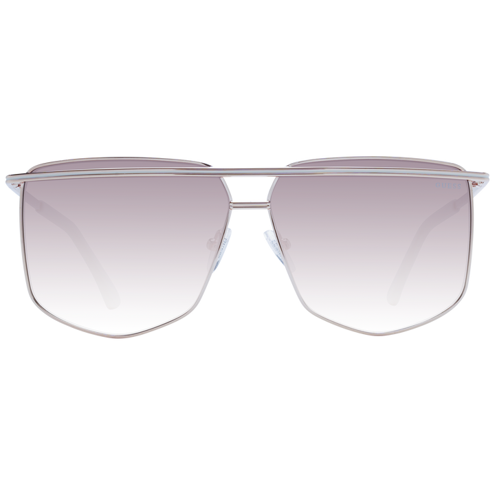 Silver metal aviator sunglasses with gradient purple lenses and white temple tips on neutral background