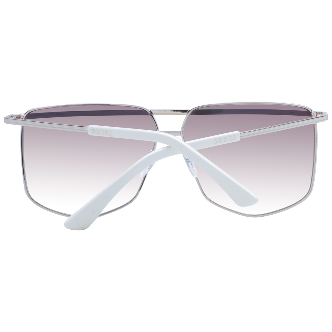 Silver metal aviator sunglasses with gradient purple lenses and white temple tips on neutral background