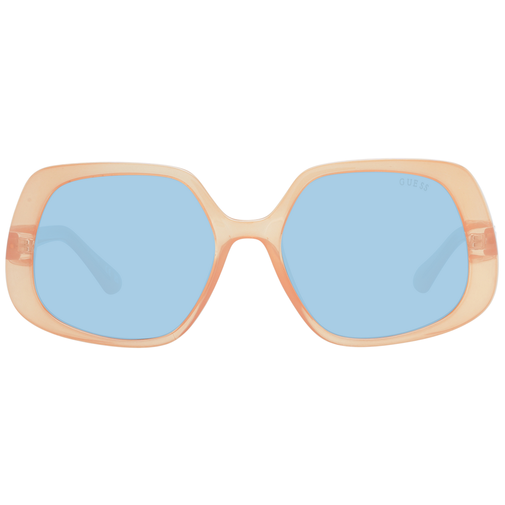 Transparent peach and blue square sunglasses on white background with metal 'G' temple detail and clear plastic frame