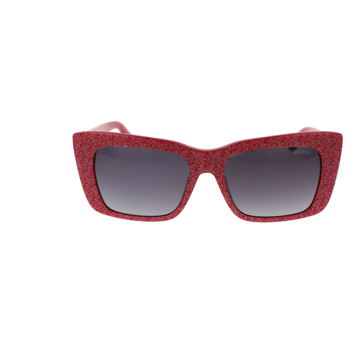 Red patterned square sunglasses in plastic with gradient lenses on neutral background, modern Women’s style