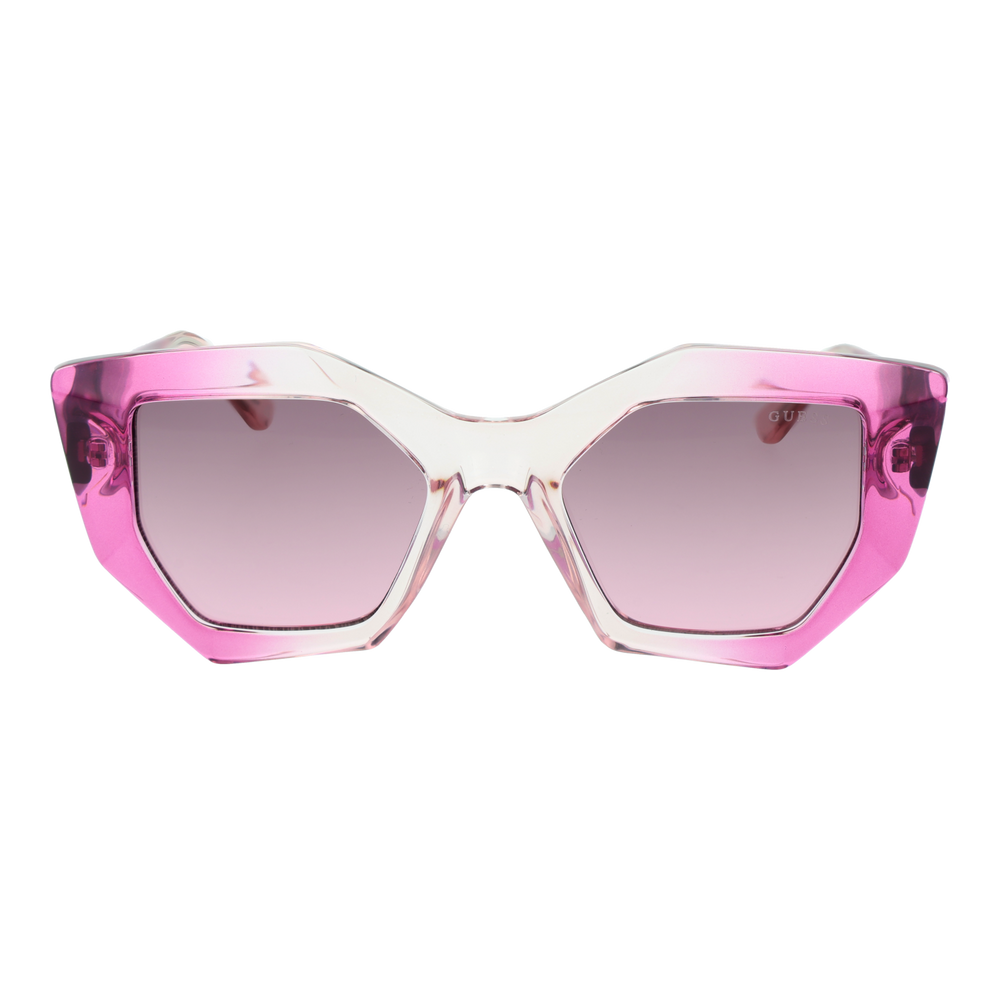 Pink translucent geometric hexagon sunglasses with gradient lenses and wide temples, logo on temple, front angle view