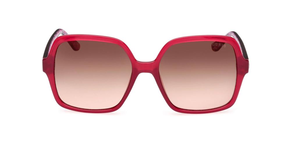 Red and black square sunglasses with gradient lenses and patterned inner arms, logo on temples