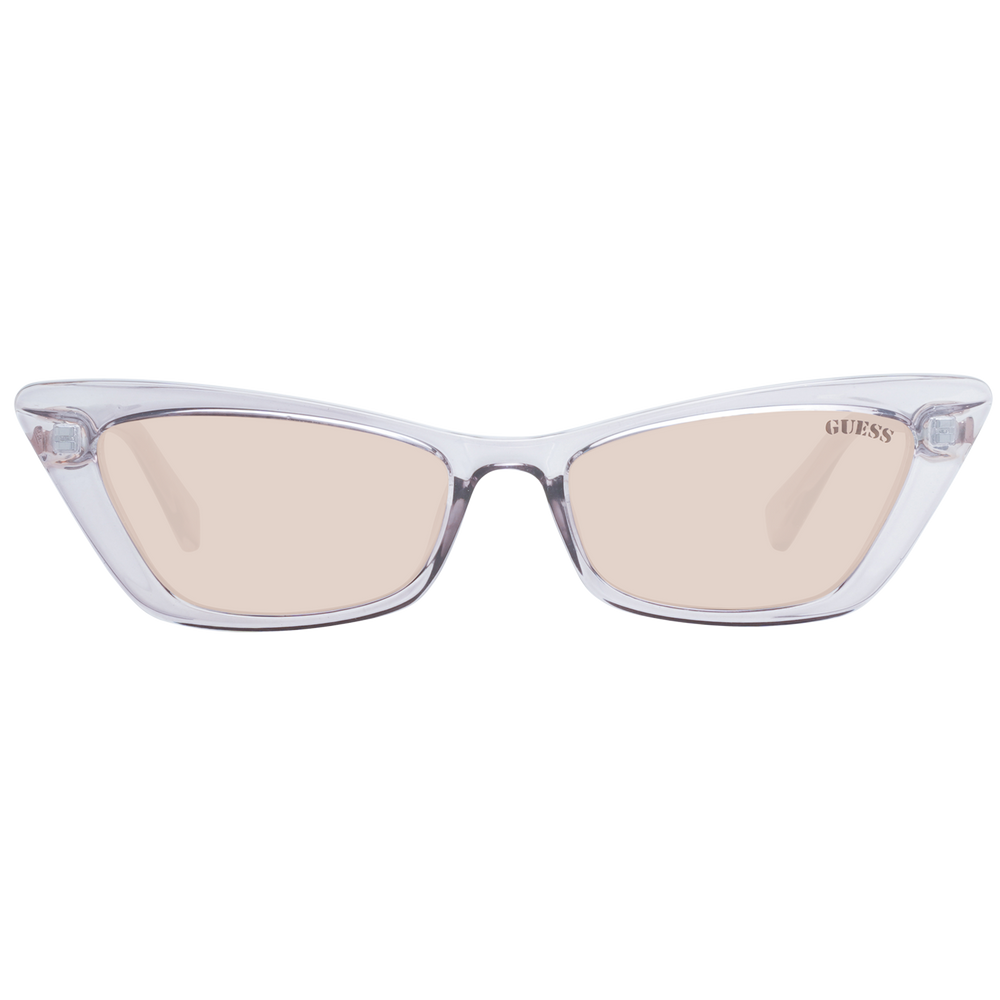 Transparent light purple cat-eye sunglasses with light pink lenses and logo on lens and temple