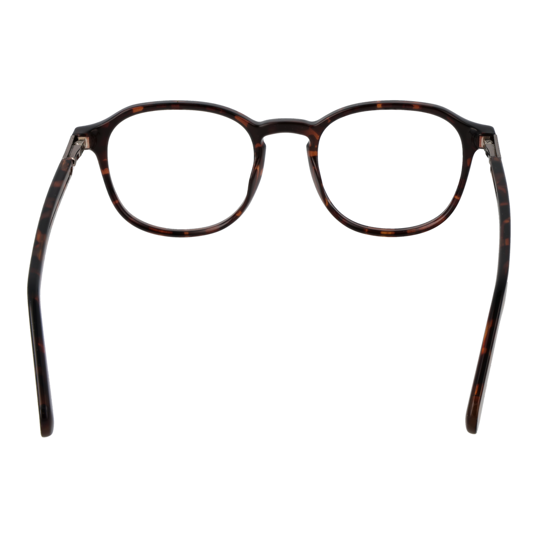 Unisex tortoise shell round eyeglasses in brown-black pattern with metal hinge details on temple