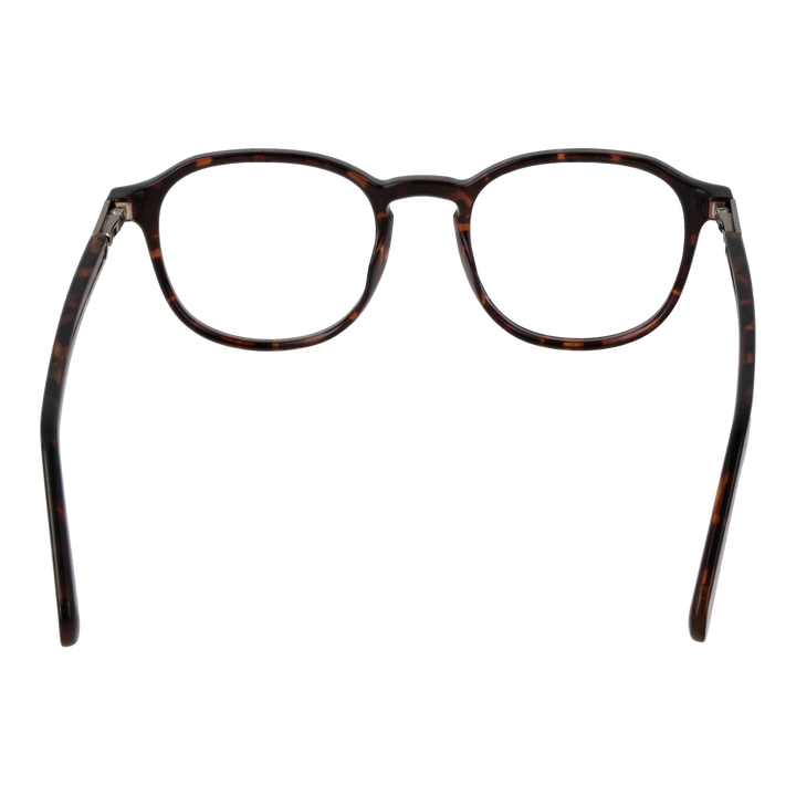 Unisex tortoise shell round eyeglasses in brown-black pattern with metal hinge details on temple