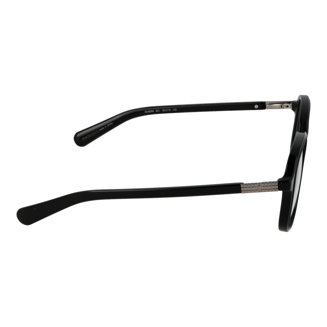 Black plastic rectangular eyeglasses with metallic hinge detail on temple, front view on white background