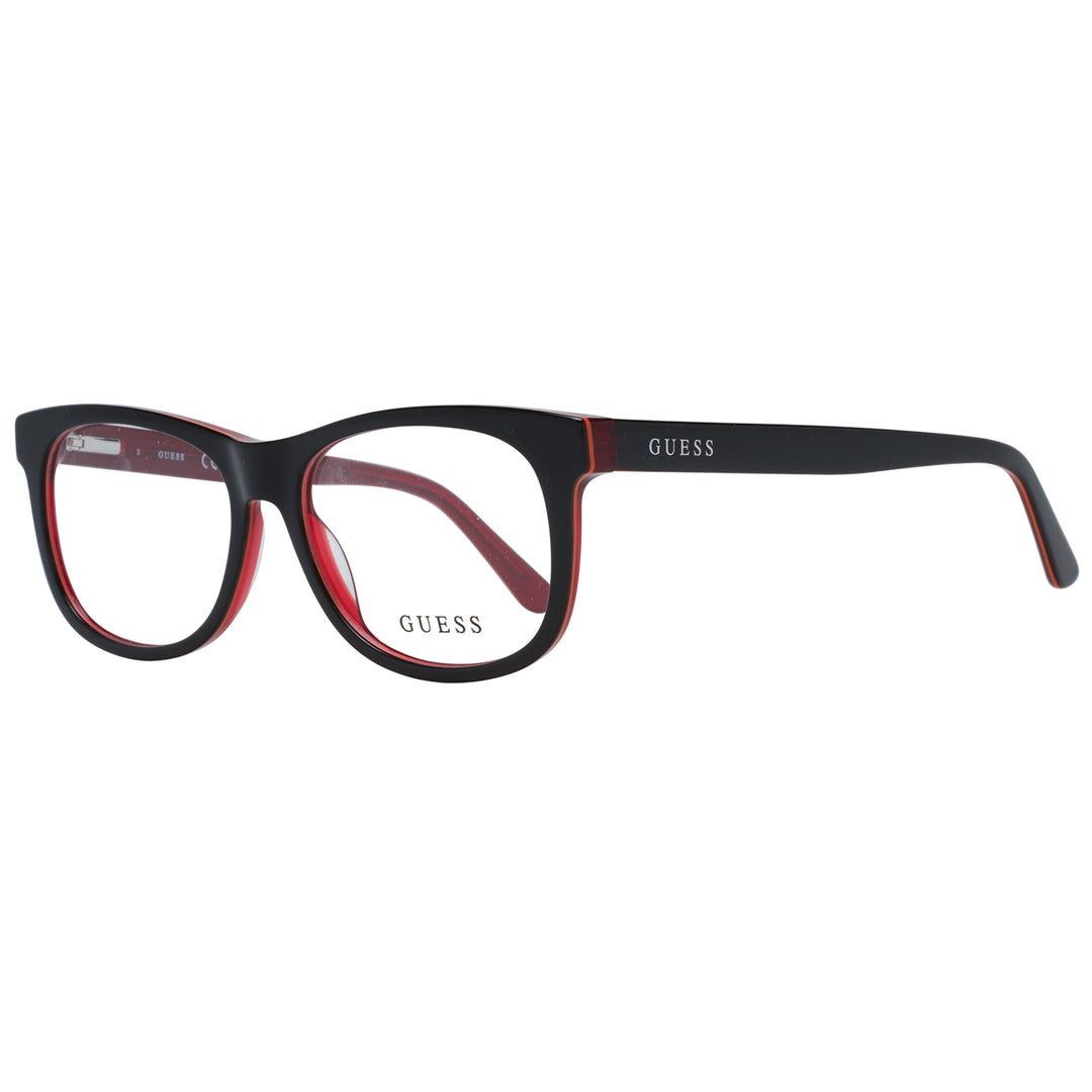 Unisex black and red full-rim rectangular eyeglasses with branded temples, front and side view