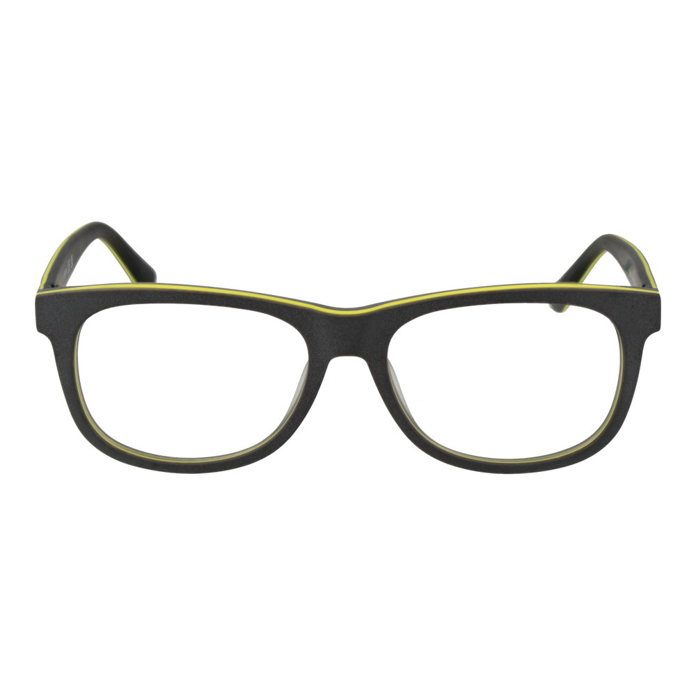 Black full-rim rectangular eyeglasses with yellow temple accents and branded logo, Unisex modern plastic frame