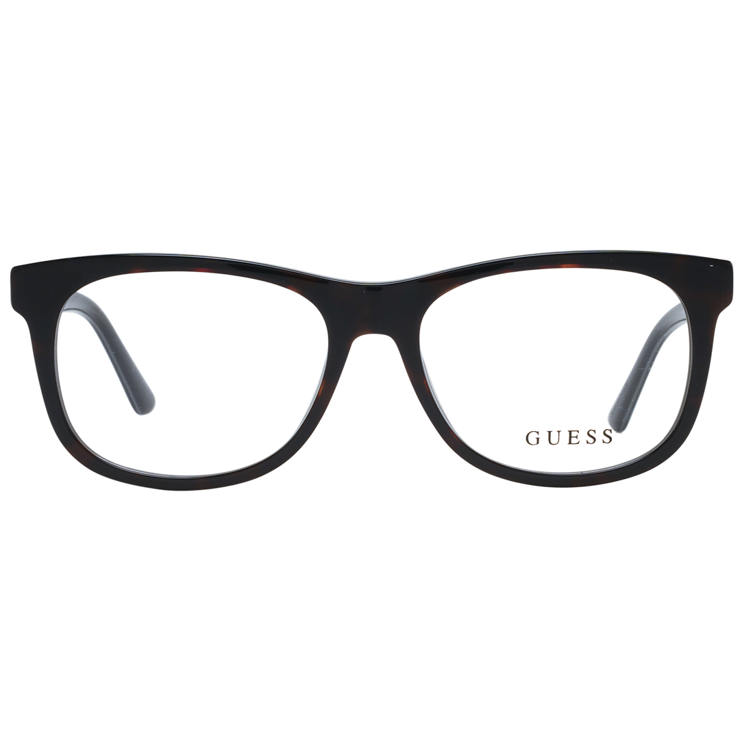 Guess Unisex dark tortoiseshell full-rim rectangular eyeglasses shown front and three-quarter angle highlighting branded temples
