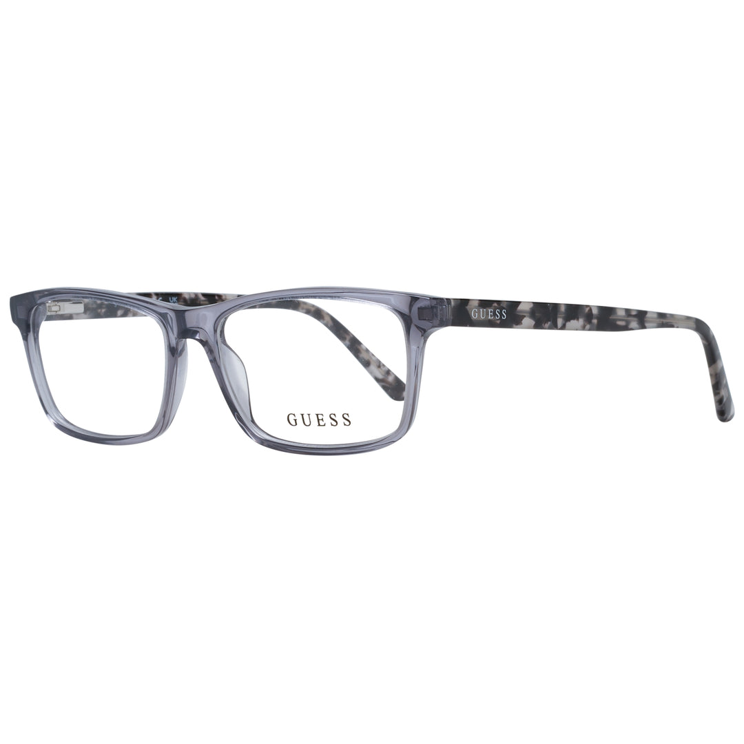 Unisex transparent rectangular eyeglasses with gray front and tortoiseshell patterned arms on neutral background