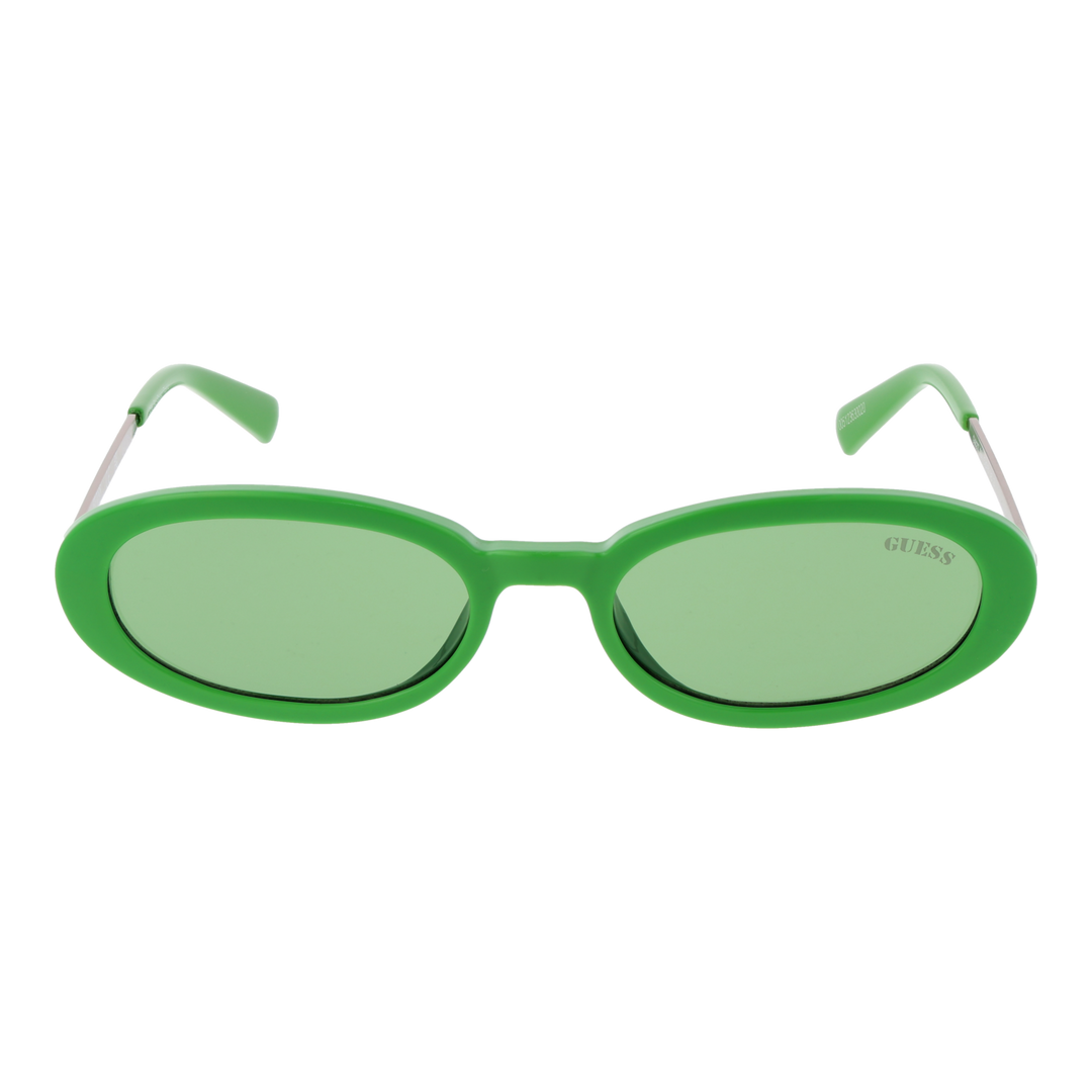Green oval sunglasses with plastic frame and metal arms, Guess logo on lens and temples
