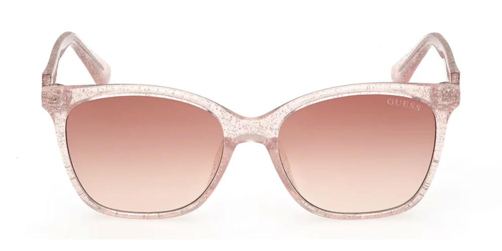 Pink square sunglasses with gradient lenses, glitter-embedded plastic frame and logo on temple