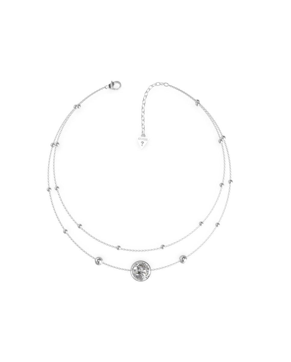 Silver double-chain layered necklace with small beads and central round gem on white background