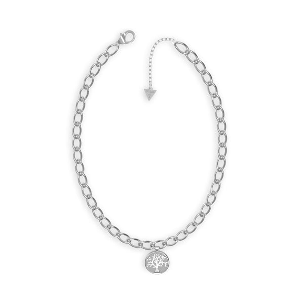 Silver chain necklace with round pendant engraved tree design and adjustable arrow charm on lobster clasp