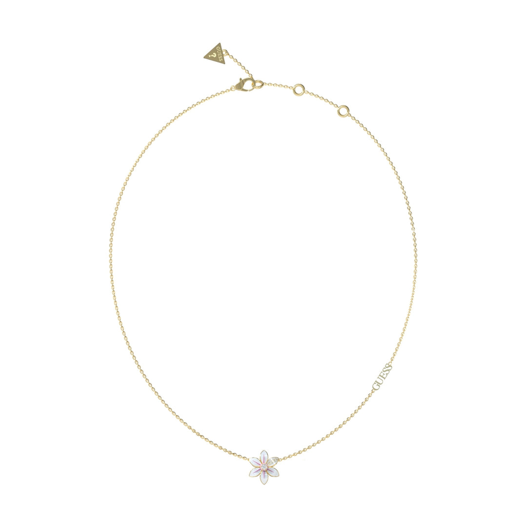 Delicate gold floral pendant necklace with central gemstone on fine circular-link chain and triangular clasp tag