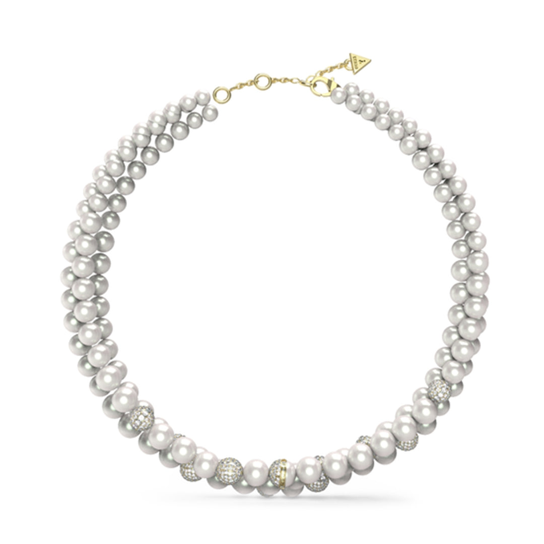 Gold and silver station necklace with pearls and rhinestone beads on adjustable chain and gold clasp