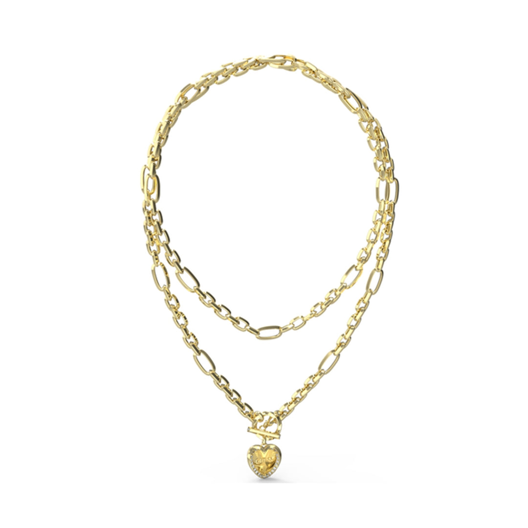 Gold chunky chain necklace with heart-shaped pendant and toggle clasp on neutral background