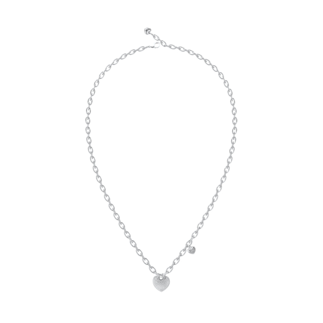 Silver chain necklace with central heart-shaped pendant and small secondary heart charm on neutral background