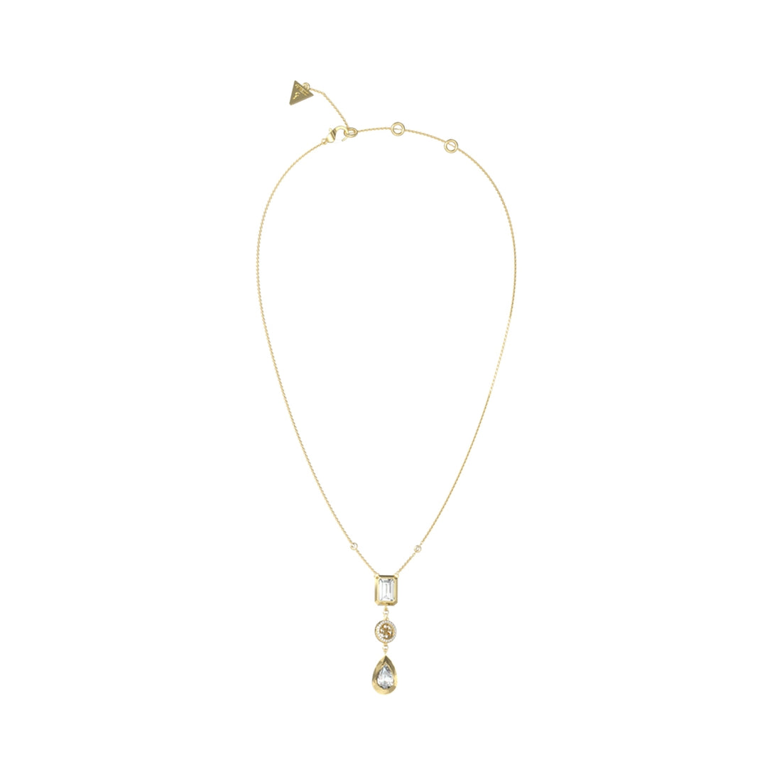 Gold pendant necklace on delicate chain with rectangular, round dollar-sign charm and teardrop gem