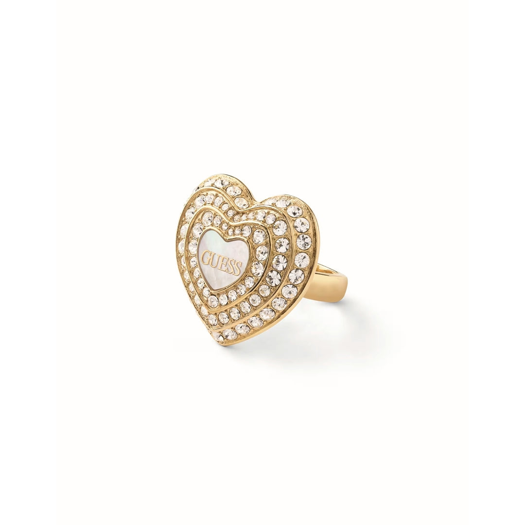 Gold layered heart ring for Women with clear pavé stones and polished metal band in studio light
