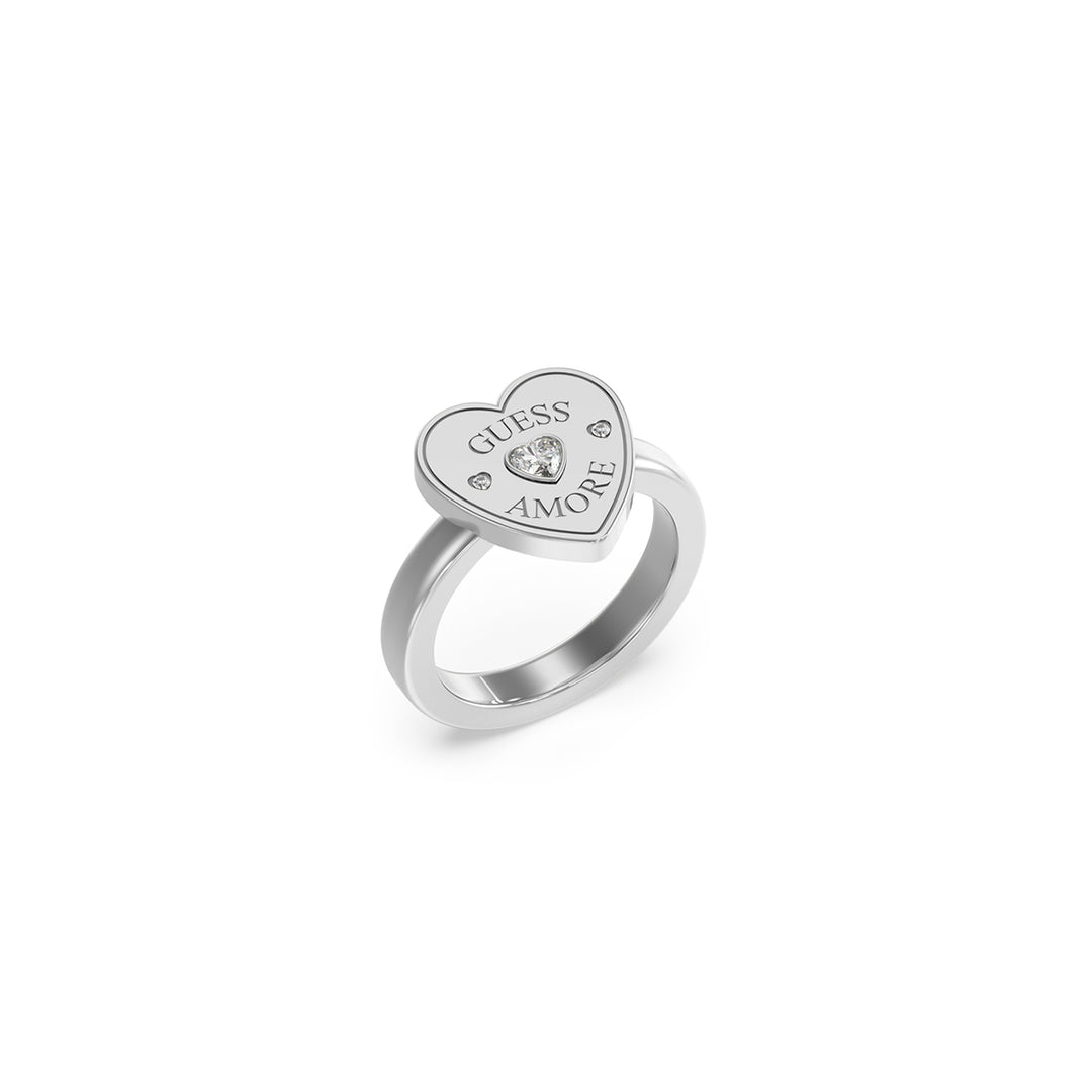 Silver metal ring with raised heart top set with small pavé stones, modern polished finish, on neutral background