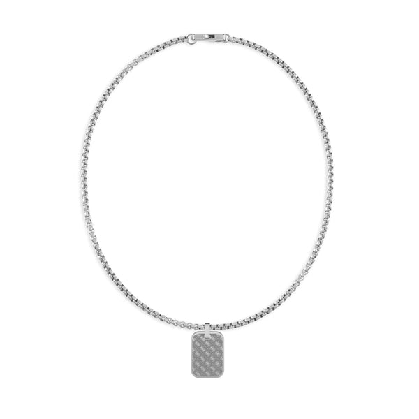 Silver metal chain necklace with rectangular patterned pendant shown on neutral background, Unisex accessory