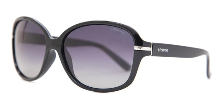 Black oversized rounded rectangular sunglasses with gradient dark lenses and silver hinge detail, Polaroid logo visible
