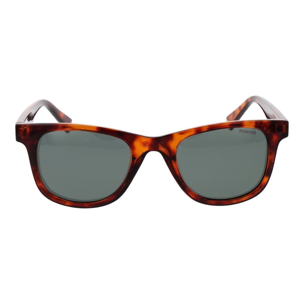 Unisex tortoise shell rectangular sunglasses in plastic frame with dark polarized lenses on white background