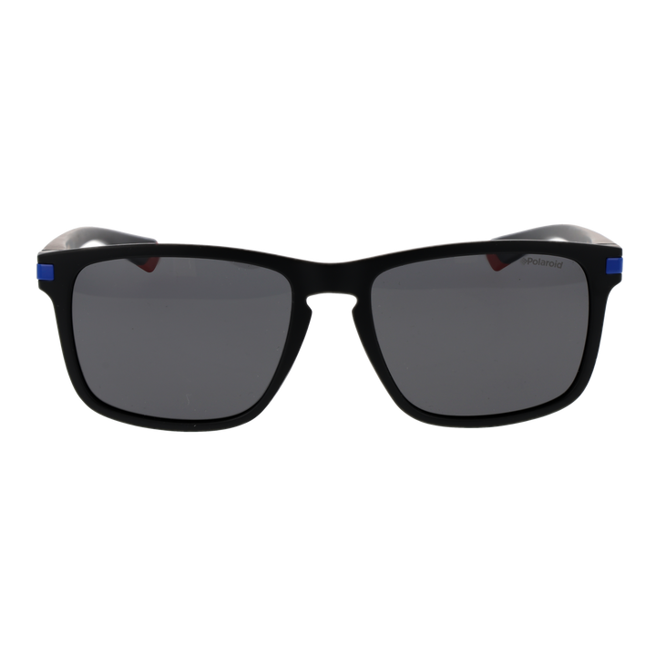 Black sporty rectangular sunglasses with blue and red accents, textured temple arms, polarized lenses
