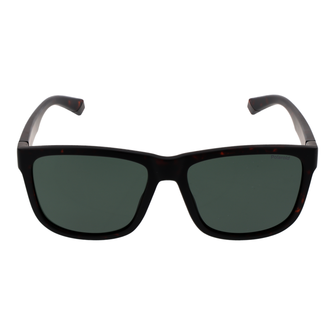 Tortoiseshell rectangular sunglasses in plastic frame with dark green polarized lenses, temple logo visible