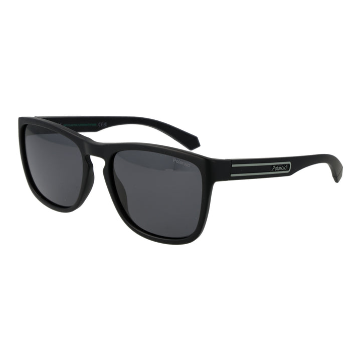 Black rectangular sunglasses on neutral background showing polarized lenses and two horizontal temple stripes