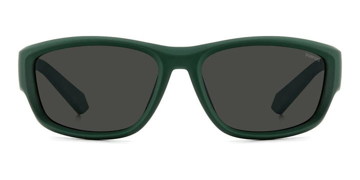 Dark green plastic wrap-around sunglasses with polarized lenses, sporty silhouette on white background
