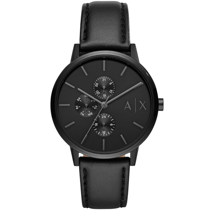 Black Armani Exchange wrist watch, IP steel case, black mineral dial, leather strap, multifunction subdials