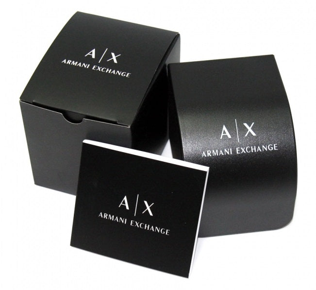 Black Armani Exchange wrist watch, IP steel case, black mineral dial, leather strap, multifunction subdials