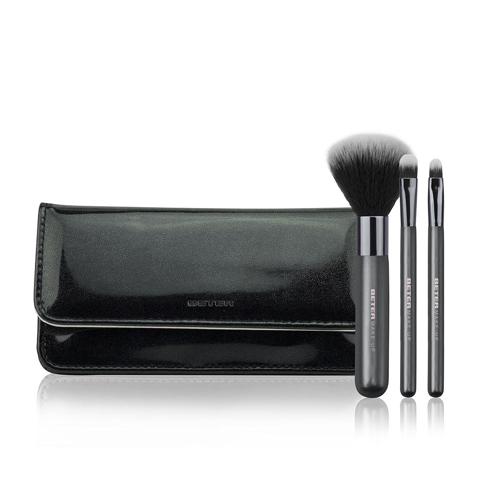 Six-piece black synthetic makeup brush set in foldable magnetic case for Women